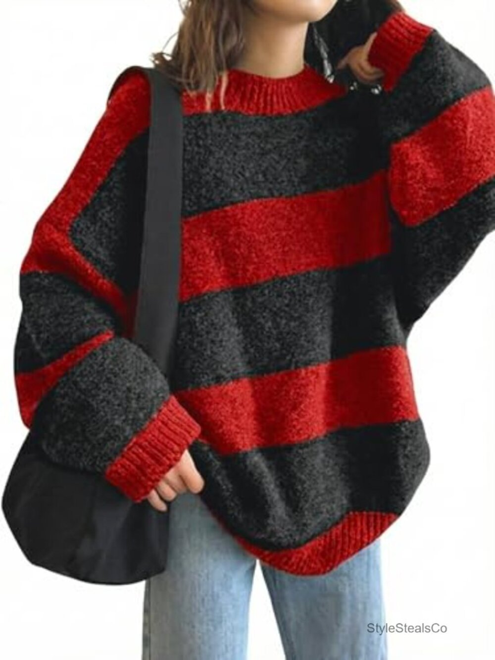 Oversized Striped Knit Pullover Sweater Crewneck Long Sleeve